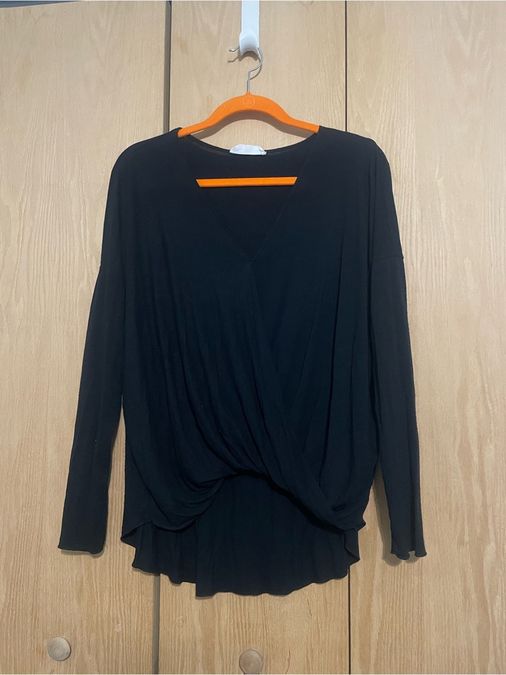 Double Zero Black Draped Wrap-Front Long Sleeve Top